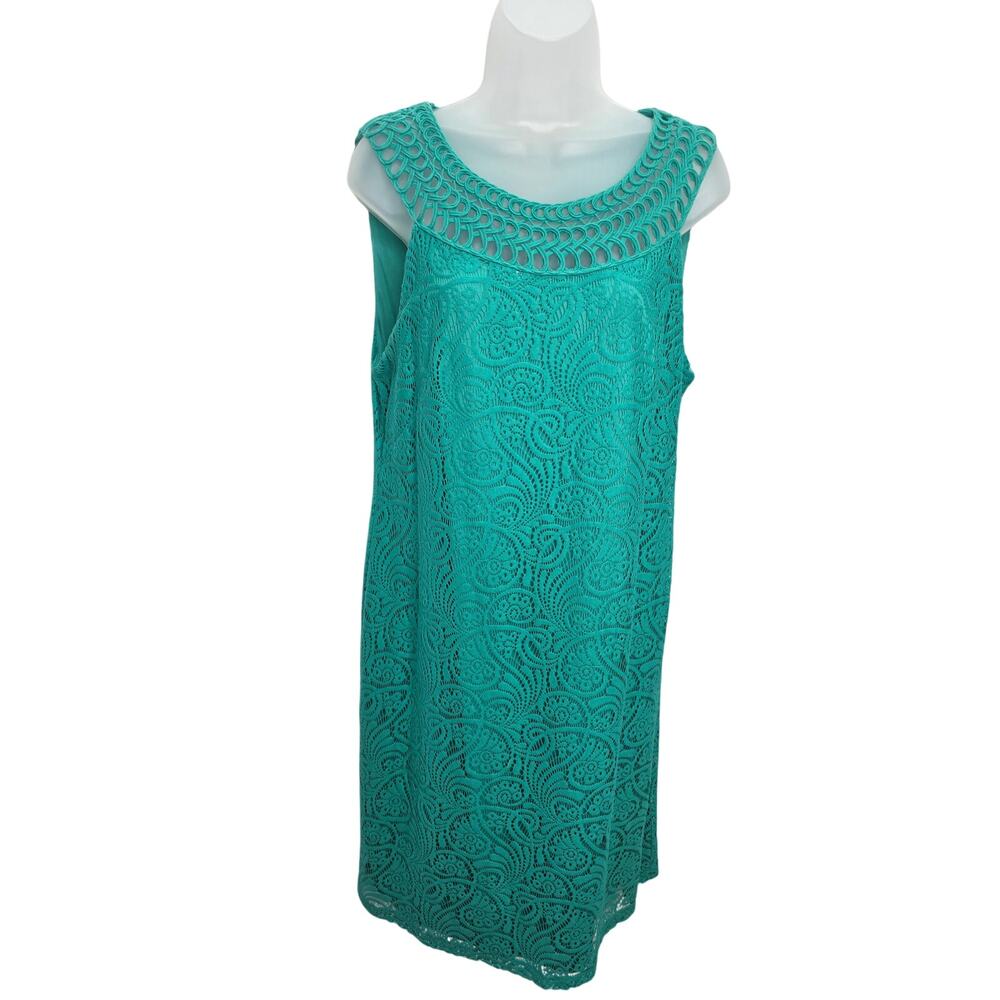 J Howard Teal Green Blue Lace Sheath Sleeveless Crochet Rounded Neck Line Dress